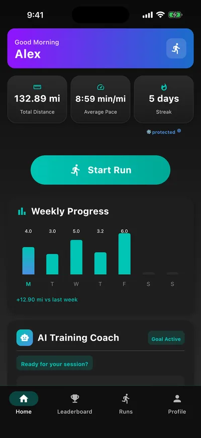 Flux Run home screen showing total distance, average pace, a 5-day streak and weekly progress