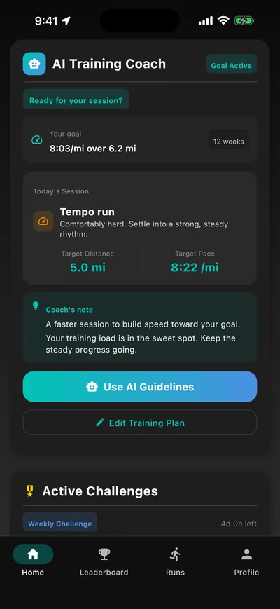 Today's AI session: a 5 mile tempo run at 8:22 per mile, with a coach's note