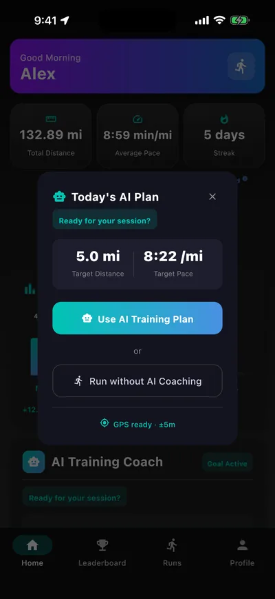 Today's AI Plan before a run: target distance and pace, with GPS ready